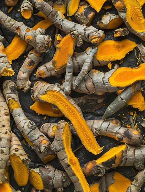 The image shows a pile of turmeric roots and slices. Turmeric is a spice that is used in many South Asian dishes ->> more details in ai-img-gen.com Turmeric Aesthetic, Spices Aesthetic, Turmeric Plant Illustration, Turmeric Sun Prints, Turmeric Anthotype, Indian Herbs, Turmeric Yellow, Natural Spices, Turmeric Supplement