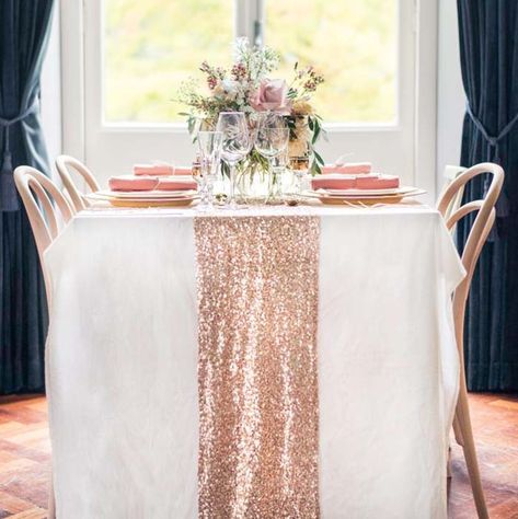 Rose-Gold-Table-Runner Rose Gold Centerpiece, Rose Gold Table Runner, Gold Sequin Table Runner, Rose Gold Table, Gold Table Runners, Gold Weddings, Sequin Table Runner, Gold Centerpieces, Wedding Table Linens