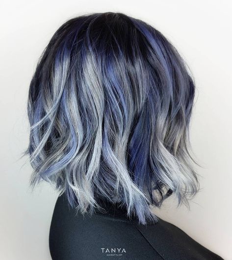 Blue Grey Hair, Blue Hair Highlights, Silver Hair Highlights, Hair Silver, Ombre Hair Blonde, Silver Hair Color, Gray Hair Highlights, Hair Color Shades, Trendy Hair Color