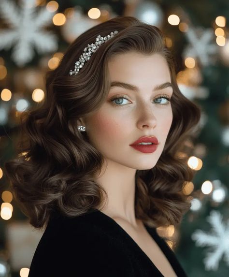 Hollywood Waves Wedding Tiara, 40s Hollywood Hair, Old Hairstyles Vintage Curls, Hollywood Waves With Headband, Old Hollywood Christmas, Old Hollywood Glamour Hair, Server Profile, Glamour Curls, Old Hollywood Hairstyles