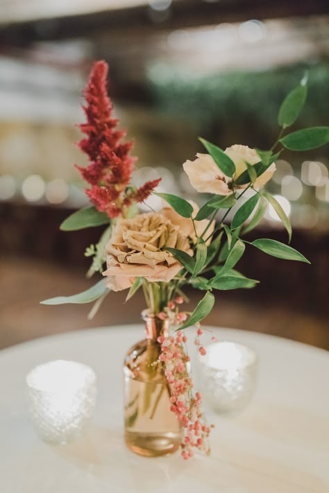 Small Vases With Flowers Fall, Fall Cocktail Table Decor, Bud Vase Cocktail Table, Autumn Bud Vases, Fall Bud Vase Centerpiece, Fall Wedding Cocktail Hour, Fall Bud Vases, Waldorf Thanksgiving, Cocktail Tables Wedding