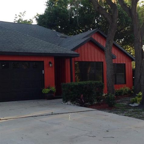 Red Roof Black House, Red Siding House Exterior Black Trim, Red And Black Exterior House, Red And Black House Exterior Colors, Red And Black House, Red House With Black Windows, Black House With Red Door, Maroon And Black House Exterior, Red And Black Barndominium