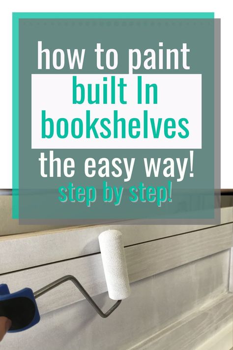 Built In Shelf Makeover, Wallpaper Built In Bookcase, Painted Built In Bookshelves Office, Painted Cabinets Living Room Built Ins, Painting Oak Built Ins, Built In Bookshelves Makeover, How To Paint Built Ins, How To Trim Out Built Ins, Built In Shelves Wallpaper Back