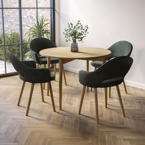 . This bundle includes  . Round Oak Drop Leaf Dining Table - Rudy . 4 x Green Fabric Dining Chairs with Oak Legs - Colbie  Features we love Space saving dining table for any dining spaceNatural wood colour with a beautiful wood grain effectCrafted with solid and veneered oak for durabilitySleek round tapered legs add a final finishing touchThese Colbie dining chairs are upholstered in a luxurious textured chenille fabricFeaturing sleek oak legs N Green Dining Table And Chairs, Green Dining Room Chairs, Green Upholstered Chair, Circle Dining Table, Space Saving Dining Table, Scandinavian Dining Room, Dining Table 4, Green Dining Room, Dinner Chair