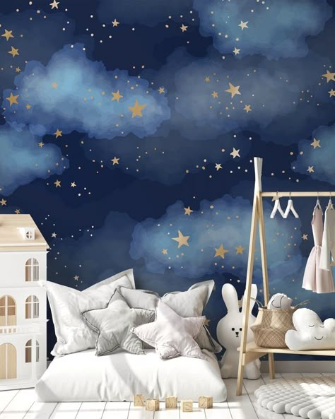 #nursery #babyroom #ikeanursery Star Mural Nursery, Nightsky Themed Bedroom, Night Sky Accent Wall, Baby Bedroom Wallpaper, Moon Mural Nursery, Starry Night Wall Painting, Star Wallpaper Nursery, Nighttime Nursery Theme, Night Sky Themed Bedroom