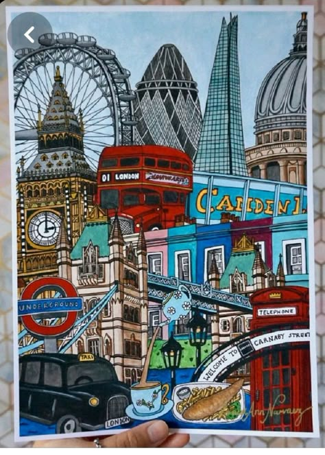 Famous London Landmarks, London Bus Drawing, London Art Drawing, Uk Drawing, Underground Sign, Gherkin London, London Artwork, Box Fish, London Drawing