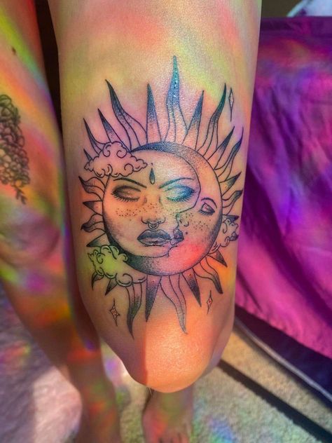 Traditional Pieces Tattoo, Spiritual Baddie Tattoos, Sun Shoulder Tattoos For Women, Colorful Tattoos For Black Women, Aura Tattoos, Earthy Tattoos, Arm Sleeve Tattoos For Women, Sun And Moon Tattoo, Mystical Tattoos