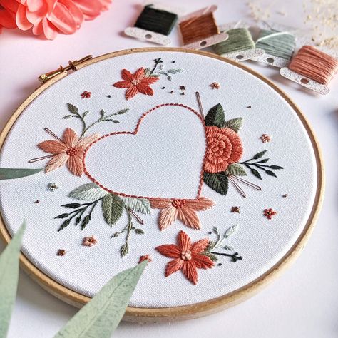 "Celebrate and share the love with Floral Heart, a hand embroidery kit by Tales from the Hoop.  A perfect DIY gift for a happy couple or a beautiful piece of creative wall art, this gorgeous kit combines warm pastel colours, intricate flowers and calming, grounding greenery and foliage with metallic copper flashes. This kit is designed to give you hours of enjoyment and an escape from the hustle and bustle of life. We are all about self-love as well as loving those special people in your life - Floral Heart Embroidery, Digital Embroidery Patterns, Hand Embroidery Kits, Floral Embroidery Patterns, Heart Embroidery, Contemporary Embroidery, Hand Embroidery Kit, Jean Crafts, Cadeau Diy