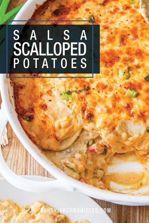 When old meets new.  Ok, so this isn't exactly new, but it is a delicious twist on the classic. Salsa Scalloped Potatoes is the cool cousin of the cheesy original. An easy recipe jazzed up with peppers, onions and a creamy salsa cheese sauce. A new holiday favourite, or weeknight special!    #salsascallopedpotatoes #scallopedpotatoes #potatocasserole #classicwithatwist #salsapotatoes     via @Candy Jar Chronicles Taco Side Dishes, Creamy Salsa, Mexican Side Dishes, Sauteed Peppers, Side Dishes For Chicken, Holiday Dinner Table, Rice Side Dishes, Potato Sides, Scalloped Potatoes