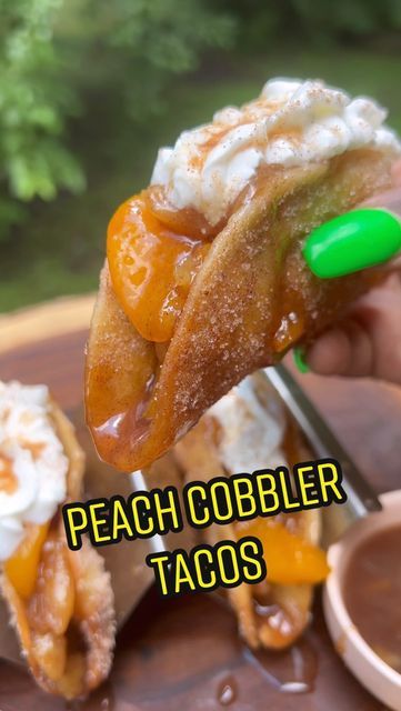 Chef Tri on Instagram: "Peach Cobbler Tacos . . . . #peach #cobbler #taco #peachcobbler #tacotuesday #dessert #desserttacos #instagood #instachef #instacook #stlfoodie #stlchefs #easyrecipes #easymeals #cookwithmetri" Peach Cobbler Nachos, Peach Cobbler Tacos, Peach Tacos, Can Peach Cobbler, Mini Peach Cobbler, Peach Cobbler Cheesecake, Sweet Taco, Cheese Desserts, Peach Cheesecake