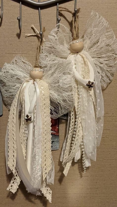 Twine Angel Ornaments, Cloth Angels Handmade, Diy Lace Fabric Angels, Rag Angels Diy, Christmas Ribbon Angels, Angel Tree Ornaments Diy, Diy Angel Wing Ornaments, Ribbon Angels Diy, Nursing Home Gifts For Residents Diy