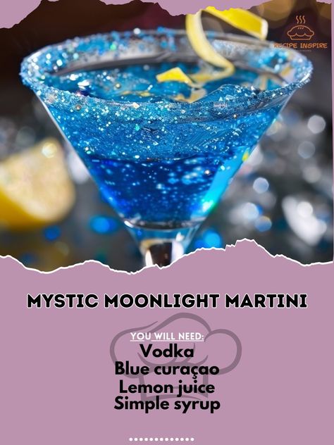 🍸 Unveil the magic with the Mystic Moonlight Martini! 🌙✨ #MysticMartini #EnchantingCocktails Mystic Moonlight Martini Ingredients: Vodka (1 1/2 oz) Blue curaçao (1 oz) Lemon juice (1/2 oz) Simple syrup (1/2 oz) Ice cubes Edible glitter (optional) Lemon twist (for garnish) Instructions: Fill a shaker with ice cubes. Add vodka, blue curaçao, lemon juice, and simple syrup. Shake well and strain into a martini glass. Add a pinch of edible glitter for a magical effect. Garnish with a lemon twi... Blue Martini Recipe, Blue Moon Cocktail, Moon Cocktail, Vodka Blue, Martini Ingredients, Layered Drinks, Blue Martini, Fun Drinks Alcohol, Meal Planning Menus