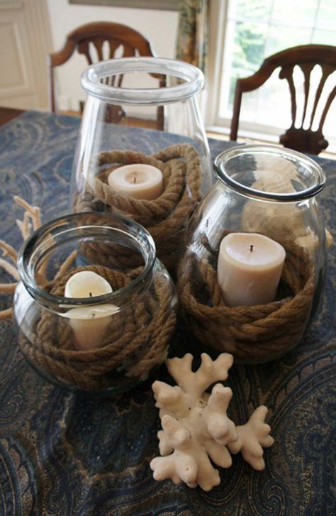 20 Coastal Decorating Ideas With Rope Crafts | Home Design And Interior Deco Theme Marin, Nautical Wedding Centerpieces, Nautical Centerpiece, Candle Table Decorations, Buffet Ideas, Summer Centerpieces, Reception Flowers, Nautical Baby Shower, Planning Checklist