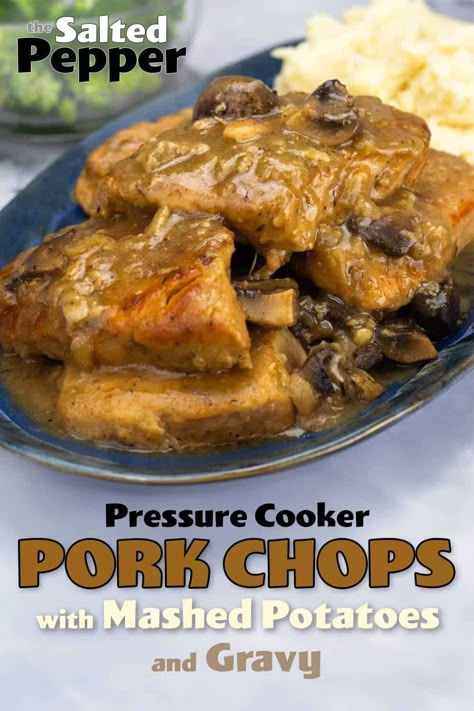 One-Pot Pork Chops with Gravy and Mashed Potatoes. This recipe can be made in the Instant Pot, Ninja Foodi, or any electric pressure cooker. It is an easy one-pot dinner that everyone will love. Pork Chops In The Pressure Cooker, Pork Chops Pressure Cooker, Instant Pot Smothered Pork Chops, Pressure Cooker Recipes Pork, Potatoes Pressure Cooker, Pressure Cooker Cabbage, Pressure Cooker Mashed Potatoes, Pork Chops With Gravy, Pressure Cooker Pork Chops