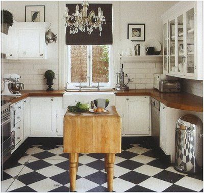 The Country Farm Home: Ta-Dah. . . .The Checkerboard Floor Is Done. . . White Kitchen Floor, Black White Kitchen, Kitchen Goals, Kitchen Blue, Butcher Blocks, White Tile Floor, Blue Floor, Classic Kitchen, Black And White Tiles