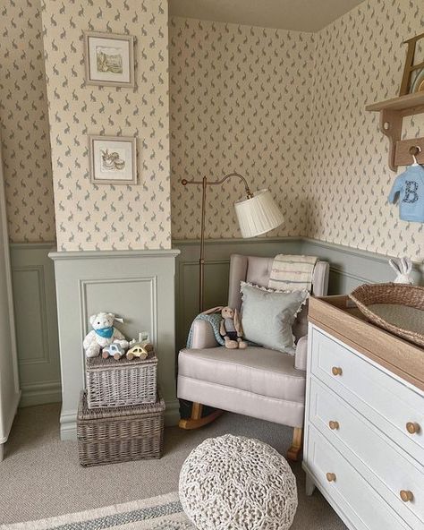 Nursery With Textured Walls, Nursery With Paneling, Traditional Timeless Nursery, Cottage Nursery Boy, Sophisticated Gender Neutral Nursery, French Cottage Nursery, Shelving In Nursery, Nursery In Main Bedroom Ideas, English Nursery Room