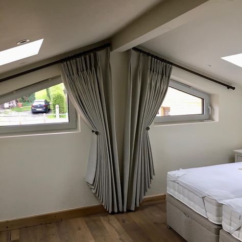 Sloping Window Curtains, Curtains On Triangle Window, Curtains Angled Windows, Angled Curtains Ceilings, Window Coverings For Angled Windows, Curtains For Sloped Ceiling, Angle Window Curtains, Curtains For Angled Windows, Angled Window Curtains