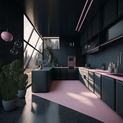 Black Pink Decor, Pink Black Interior, Matte Black Apartment, Black And Pink Interior Design, Pink And Black Kitchen Decor, Pink Black Kitchen, Pink And Black Kitchen Ideas, Black And Pink House Decor, Pink Kitchen Decor Ideas