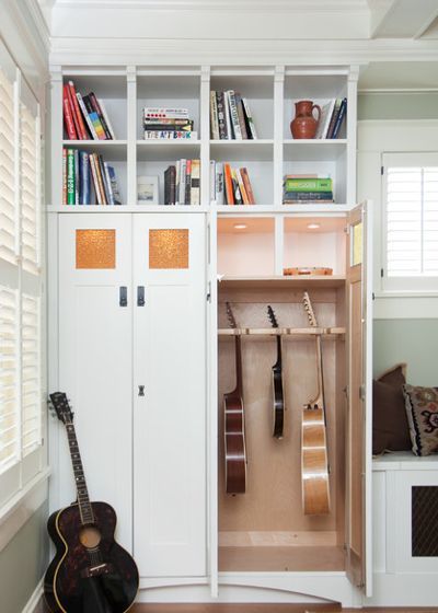 Eclectic Closet by Copper Sky Renovations Music Room Storage, Office Music Room, Wainscoting Bedroom, Guitar Storage, Home Music Rooms, Music Corner, Music Storage, Guitar Room, Music Studio Room