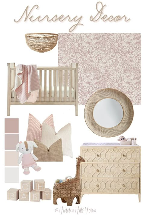 I'm in love with this soft neutral baby girl nursery mood board! The floral pink wallpaper is the perfect accent wall for this space! Nursery mood board, Baby Girl Nursery ideas Neutral Pink Boho Nursery, Boho Baby Girl Nursery Wallpaper, Soft Pink Neutral Bedroom, Pink Beige Nursery, Pink Nursery Rug Ideas, Neutral Pink Nursery Ideas, Pink And Beige Nursery Ideas, Pink Modern Nursery, Neutral Nursery With Pops Of Pink