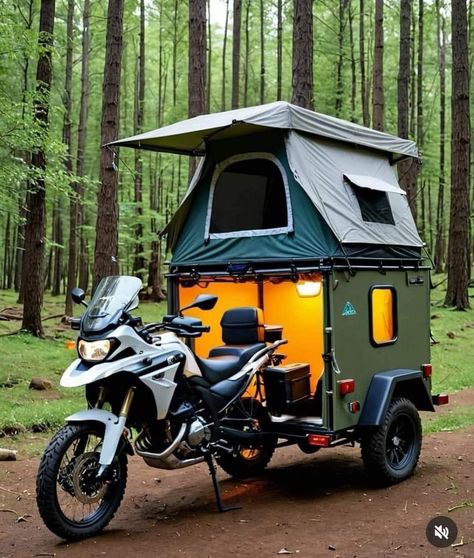 Forest Glamping, Motorcycle Campers, Pop Up Tent Trailer, Rv Holiday, Tenda Camping, Bicycle Camping, Bike Motor, Tiny Camper, Motorcycle Trailer