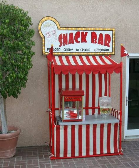 how to build an outdoor theater DIY backyard theater: PVC Snack Bars and Lemonade Stand Diy Carnival Concession Stand, Diy Concession Stand Display, Popcorn Stand Ideas, Movie Theater Ideas, Backyard Movie Theater, Backyard Movie Theaters, Theatre Diy, Popcorn Stand, Diy Awning