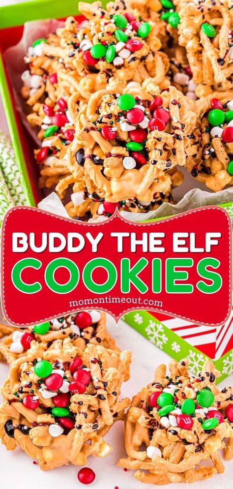 Over the top Buddy the Elf Cookies take your classic Haystacks recipe and add all the toppings you would expect from Buddy! Better than your average North Pole treat, these easy no bake Elf Cookies are a total showstopper and perfect for movie night, Christmas cookie trays and holiday parties! Elf Snacks Parties Food, Buddy The Elf Dinner Ideas, Buddy Elf Cookies, Buddy The Elf Dessert Ideas, Elf Christmas Party Food, Kids Christmas Movie Night Ideas, Elf Inspired Food, Buddy The Elf Snacks, Elf Movie Cookies