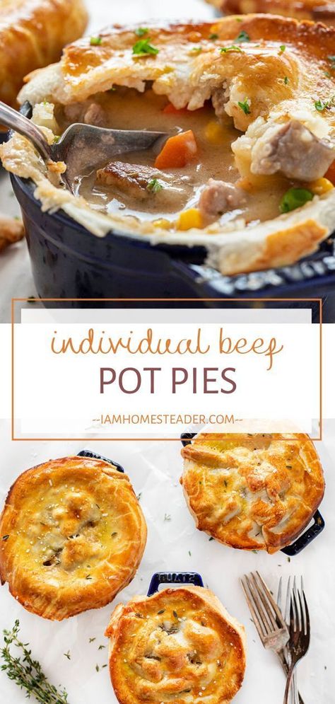 Individual Beef Pot Pies are the perfect comforting dinner idea for cold nights! This hearty winter recipe is loaded with tender beef and full of vegetables and flavor. Save this homemade pot pie recipe for later! Pot Pies With Pie Crust, Mini Beef Pot Pies, Homemade Pot Pie Recipe, Turkey Pot Pie Casserole, Meat Pot Pie, Hearty Winter Recipes, Beef Pot Pie Recipe, Homemade Pot Pie, Beef Pot Pie