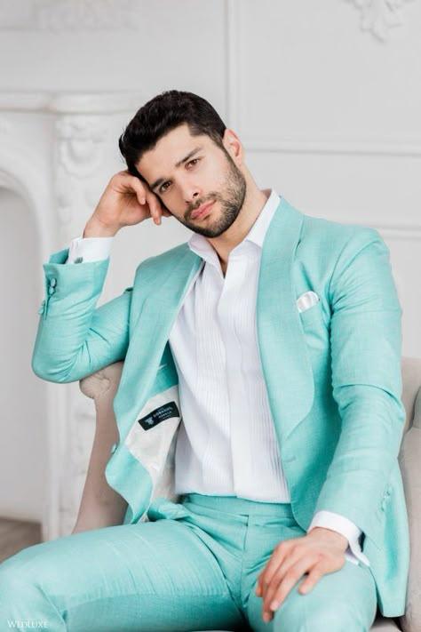 #wedluxe #wedluxemagazine #turquoise #menswear #suit #kingandbay #fashion #style #wedding High Fashion Bridal, One Photoshoot, Turquoise Suit, Menswear Suit, Bride And Groom Wedding Photos, Groom Wedding Photos, Turquoise Clothes, Turquoise Fashion, Bridal Editorial