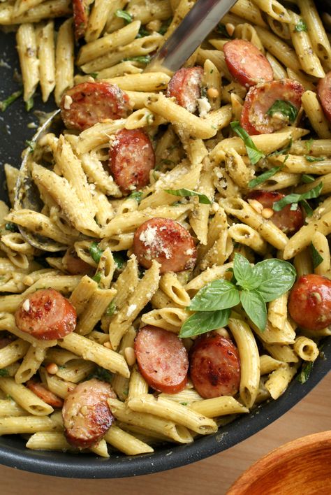 Chicken Sausage Pesto Pasta, Italian Sausage Pesto Pasta, Pesto Sausage Pasta, Sausage Pesto Pasta, One Pan Sausage, Pan Sausage, Smoked Sausage Pasta, Chicken Sausage Recipes, Chicken Sausage Pasta