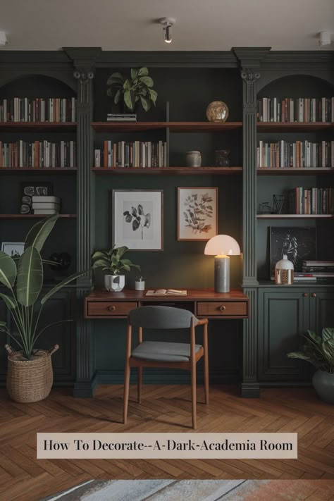 Focus on creating a moody atmosphere with antique elements, dark wood tones, and rich textiles. Add a Dark Academia aesthetic desk paired with soft lighting and vintage accents. 🕯️✨ Design your study room or living space with deep hues, elegant furniture, and layered textures. Let every detail transport you to a world of classic elegance. 🌿📚 #DarkAcademiaLivingRoom #DarkAcademiaStudyRoom #DarkAcademiaHouseDecor #DarkAcademiaAestheticDesk #DarkOfficeDecor #SmallOffice #DarkAcademiaRoomIdeas Vintage Academia Aesthetic Room, Dark Academia Living Room Aesthetic Cozy, Academia Office Aesthetic, Dark Study Room, Academia Aesthetic Office, Soft Academia Aesthetic Room, Room Inspiration Dark Academia, Dark Academia House Aesthetic, Classic Study Room