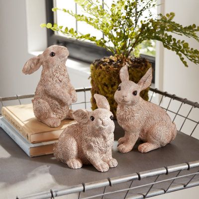 Attract attention while enchanting your home accent decor with this 3 Piece Rabbit Figurine Set. This gorgeous piece is the epitome of fashioned elegance, it is sure to bring charm and character to a bookshelf, mantel, shelf, or console table. | August Grove 3 Piece Stansell Rabbit Figurine Set Gray 5.5 x 5.0 x 5.5 in, Resin | Home Decor | C001519755 | Wayfair Canada Spring Mantle Decor, Spring Mantle, Rabbit Figurine, Spring Decor Diy, Bunny Figurine, Vintage Spring, Table Display, Indoor Patio Furniture, Garden Stones