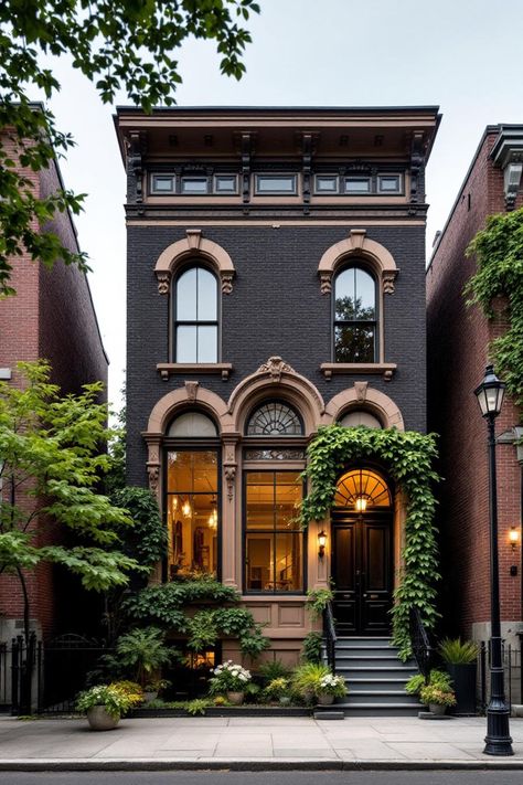 Victorian-style house with lush greenery. Get ready to imagine a world where brick, steel, and quirky charm collide to redefine your idea of home sweet home with industrial houses! Exterior Townhouse Design, Philadelphia Row House Exterior, London Townhouse Aesthetic, Victorian House Colors Exterior, Duplex House Design Exterior, Cozy Building, Brownstone Exterior, House Interior Garden, Industrial Exterior Design