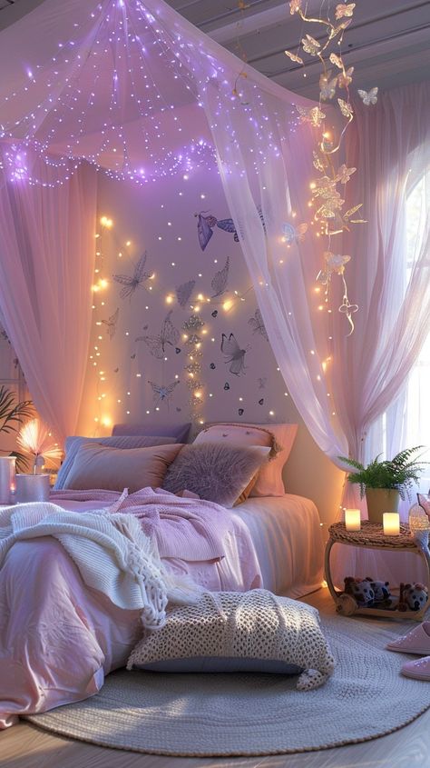 Cozy Fairy Bedroom Bedroom Ideas With Canopy Bed, Small Cozy Bedroom Ideas Fairy Lights Room Decor, Fairy Vibe, Fairy Lights Room, Vibe Rooms, Bedroom Wall Decor Ideas, Fairy Bedroom, Small Bedroom Layout, Neon Lights Bedroom