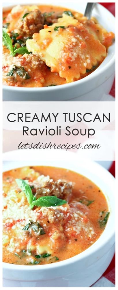 Creamy Tuscan Ravioli Soup | Let's Dish Recipes Creamy Tomato Ravioli Soup, Ravioli Tomato Soup, Frozen Roma Tomatoes Recipes, Crowd Pleasing Soup, Fall Winter Recipes, Sausage Ravioli Soup, Vegetarian Winter Recipes, Creamy Tuscan Ravioli, Tuscan Ravioli