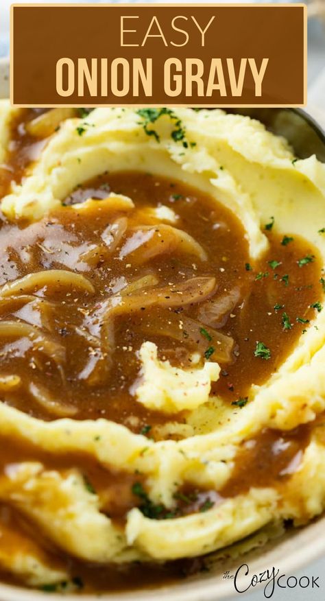 onion gravy on top of mashed potatoes and garnished with parsley. Salisbury Steak With Onion Gravy, Homemade Salisbury Steak, Homemade Gravy Recipe, Brown Gravy Recipe, Easy Gravy Recipe, Pork Gravy, Homemade Sauce Recipes, Beef Gravy, With Mashed Potatoes