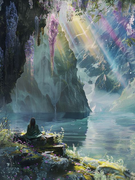 #Meditation #PolychromaticCrystalCave #SacredLake #Wisteria #CyberSpiritual #EarlyMorningLight #SunlightRays #Nature #Peaceful #3:4AspectRatio #TheCandie Glowing Plants, Traditional German Clothing, Spiritual Elements, Inspirational Digital Art, Crystal Cave, Fantasy Novel, Fantasy Art Landscapes, Morning Light, Wisteria