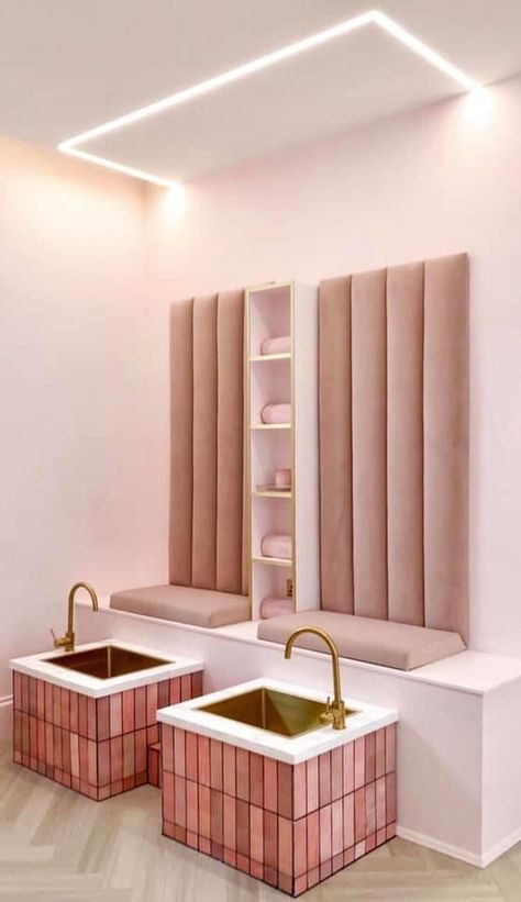 Led ceiling light , pink chair pillows, pink ceramic leg wash sink🤍 Pedicure Station Ideas, Pedicure Room, Salon Storage Ideas, Pink Pedicure, Pedicure Station, Salon Design Ideas, Nail Salon Interior Design, Nail Salon Interior, Nail Business