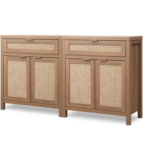 PRICES MAY VARY. 【Farmhouse Sideboard】Our credenza blends modern and farmhouse styles with its wooden cupboards, rattan doors, and gold handles, making it a perfect addition to any room in your home. 【Large and Flexible Storage】With spacious rattan cabinet and drawer, this buffet cabinet offers ample storage space for dishes and silverware. The adjustable shelf allows you to customize the interior space to suit your storage needs perfectly. 【Durable and Stable Construction】Crafted from high-qual Rattan Credenza, Credenza Storage, Farmhouse Buffet, Rattan Sideboard, Farmhouse Coffee Bar, Wooden Cupboard, Farmhouse Sideboard, Sideboard Storage Cabinet, Kitchen Sideboard