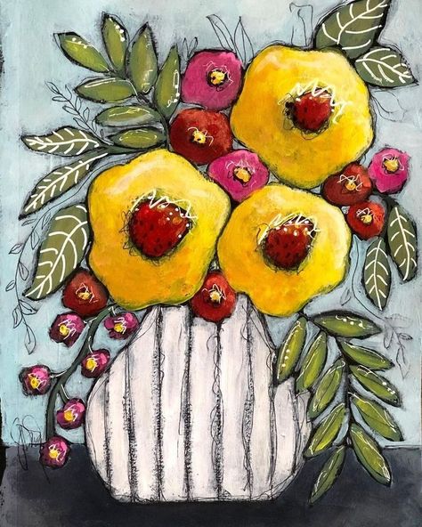 Abstract Folk Art, Naive Art Flowers, Funky Flower Art, Folk Art Watercolor Painting, Whimsical Flower Art, Modern Floral Painting, Whimsical Art Flowers, Folk Art Painting Whimsical, Flowers Watercolor Paintings