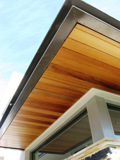 under eave wood panel - I like this direction and colour but slimmer wood with gaps. Google Search Wood Soffit, Soffit Ideas, Wood Cladding Exterior, Patio Ceiling, Cladding Ideas, Cladding Exterior, Cedar Paneling, White Exterior Houses, Home Exterior Ideas