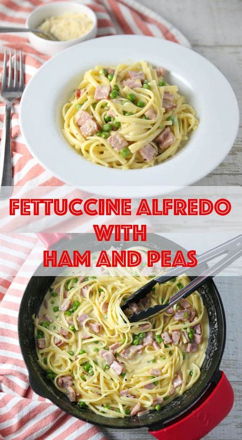 Fettuccine Alfredo with Ham and Peas - Tastefulventure Ham Fettucini Alfredo, Ham Alfredo Pasta, Ham Alfredo, Easy Fettucini Alfredo, Fetuchini Alfredo, Fettucini Alfredo Recipe, November Food, Ham And Peas, Spinach Fettuccine