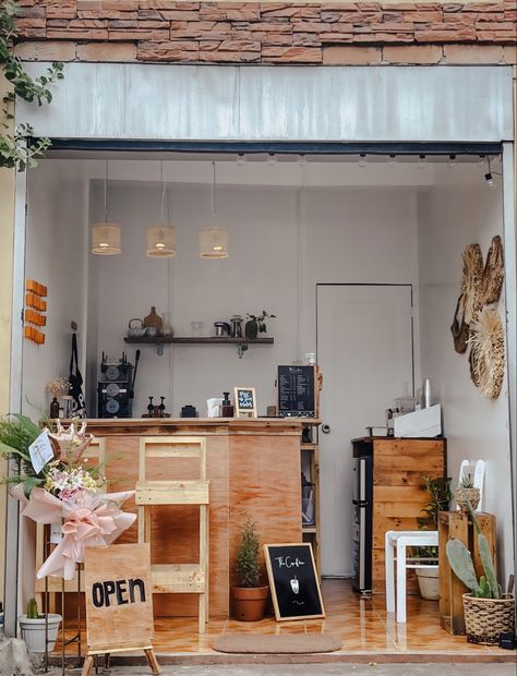 Milk tea and Coffee shop Tiny Cafe Design Coffee Shop, Tiny Coffee Shop Design Interior, Small Tea Shop Interior Design, Garage Coffee Shop Ideas, Small Tea Shop Ideas, Micro Coffee Shop, Small Milk Tea Shop Design, Coffee Stall Ideas, Coffee Shop Design Interior Small Spaces