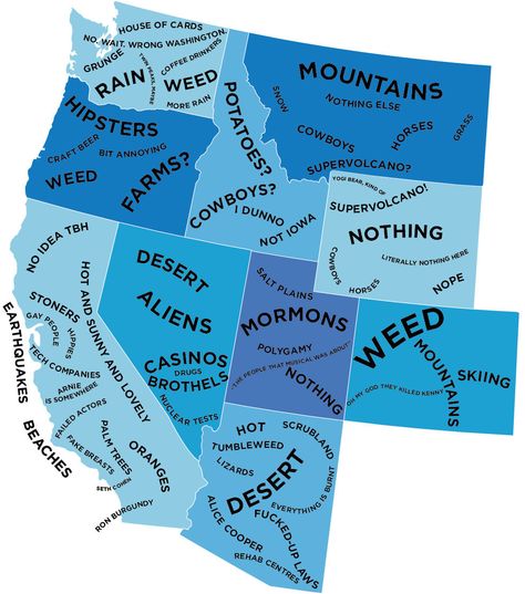 The West. | The Stereotype Map Of Every U.S. State — According To British People Funny Maps, Planet Map, Cowboy Crafts, Plain People, Nuclear Test, Unique Maps, Horse Crafts, British People, U.s. States