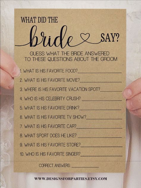 What Did The Bride Say, Bridal Shower Activities Games, Bridal Shower Activity, Couple Shower Games, Bride Game, Game Card Design, Bridal Shower Activities, Rustic Background, Bridal Shower Food