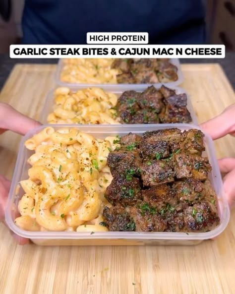 Beef Tip Meal Prep, Garlic Steak Bites And Cajun Mac, Cajun Mac And Cheese With Garlic Butter Steak Bites, Meat And Cheese Meal Prep, High Protein Garlic Butter Steak Bites, Steak Bites And Cajun Mac And Cheese, Garlic Steak Bites And Cajun Mac And Cheese, Mac And Cheese With Steak Bites, Creamy Garlic Pepper Steak