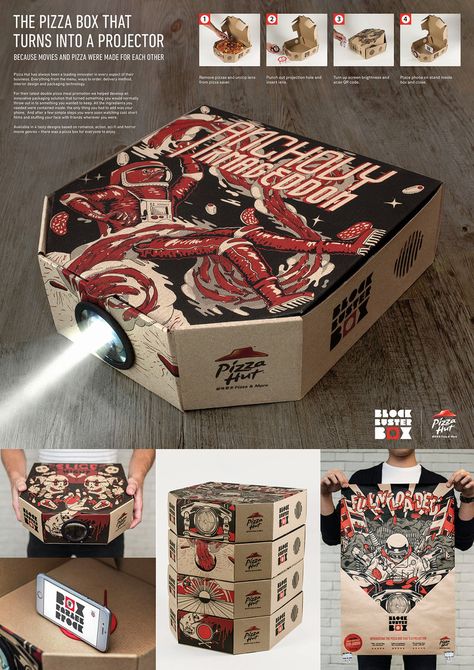 Pizza Hut Blockbuster Box — The Dieline - Branding & Packaging Pizza Box Design, Do It Yourself Decoration, Cv Original, Box Project, Innovative Packaging, Pizza Boxes, Pizza Box, Guerilla Marketing, Box Packaging Design