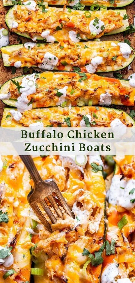 Buffalo Chicken Zucchini Boats, Buffalo Chicken Zucchini, Zucchini Boat Recipes, Recipe Cheesecake, Buffalo Chicken Recipes, Cheesecake Dessert, Cookies Bars, Chicken Zucchini, Zucchini Boats