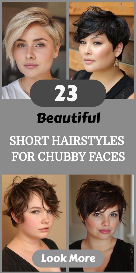 Check out 23 stunning short hairstyles for chubby faces that add a touch of elegance and style. Whether you prefer voluminous pixie cuts or polished bobs, these short hairstyles for chubby faces provide diverse looks to flatter your face shape and boost your confidence. Fun Short Curly Haircuts, Short Hair For Round Faces Double Chin, Short Haircuts For 20 Year Old, Pixie On Fine Hair, Short Hairstyle For Fat Face Girl, Women’s Short Hair Round Face, Plus Size Chin Length Hair, Edgy Haircuts Round Face, Unusual Short Haircuts