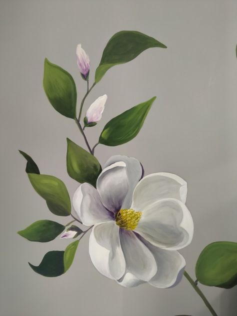 Magnolias Painting, Painted Magnolia, Poster Color Painting, Magnolia Grandiflora, Creative Wall Painting, Flower Art Drawing, Postage Stamp Art, Mural Wall Art, Painting Wallpaper